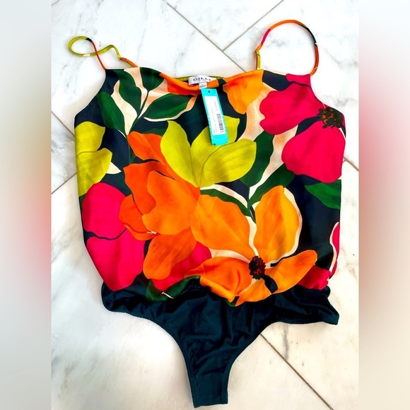 Gilli Tops - NWT GILLI, womens size large floral bodysuit drape front collar silky satin feel